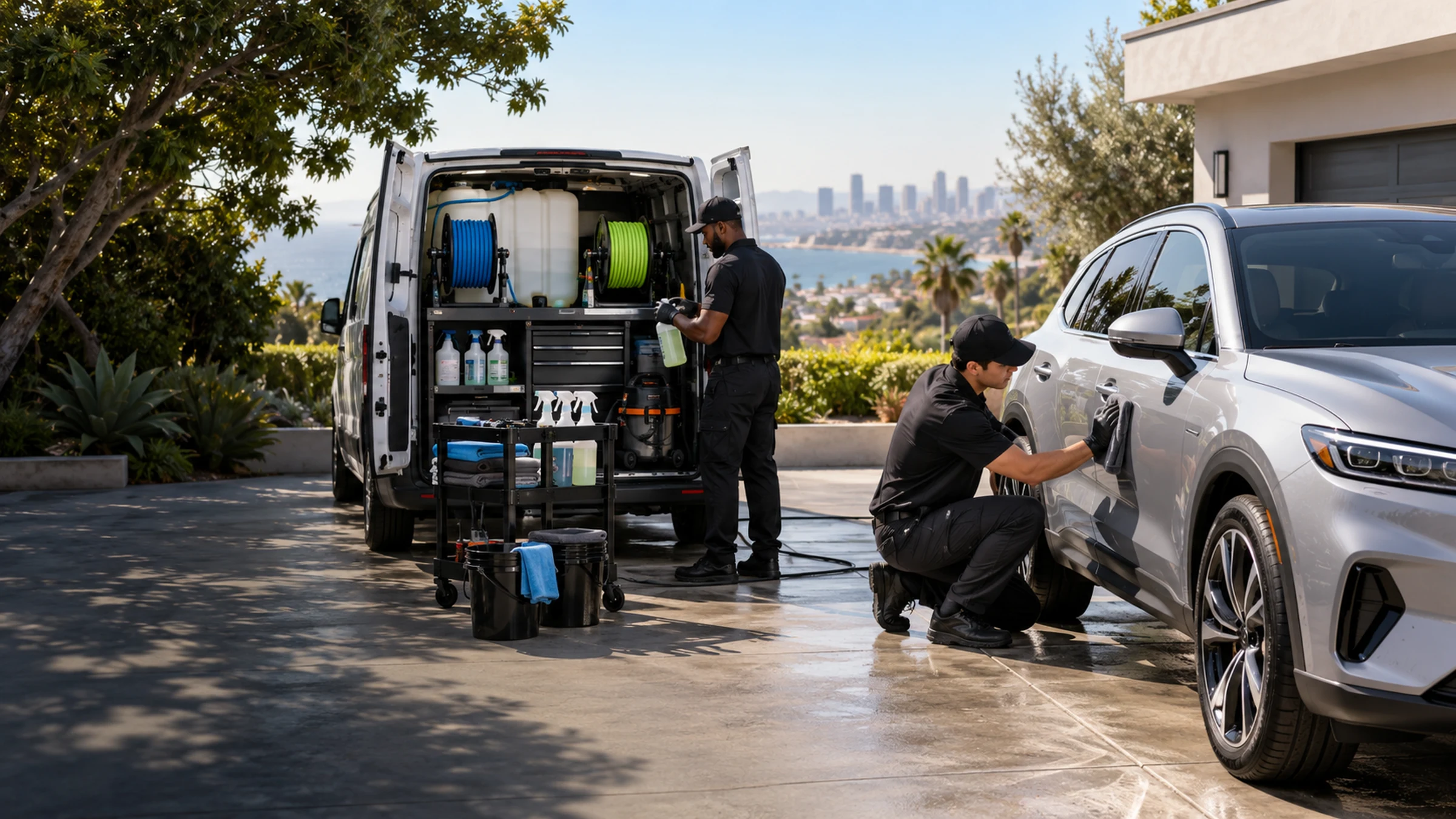 Mobile detailing team beside an equipped service van and silver crossover