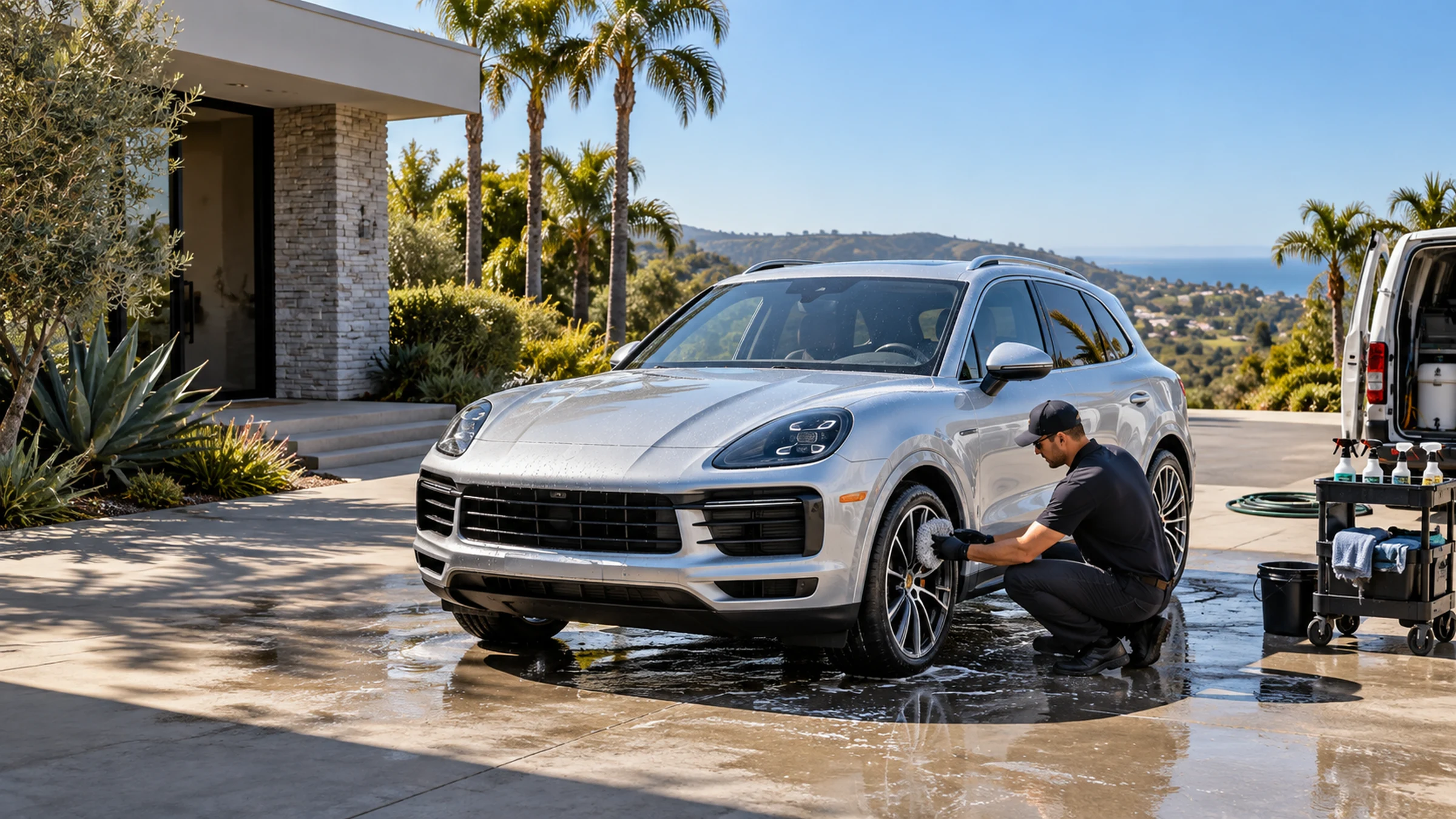 Silver SUV and mobile car-care equipment at a Southern California home