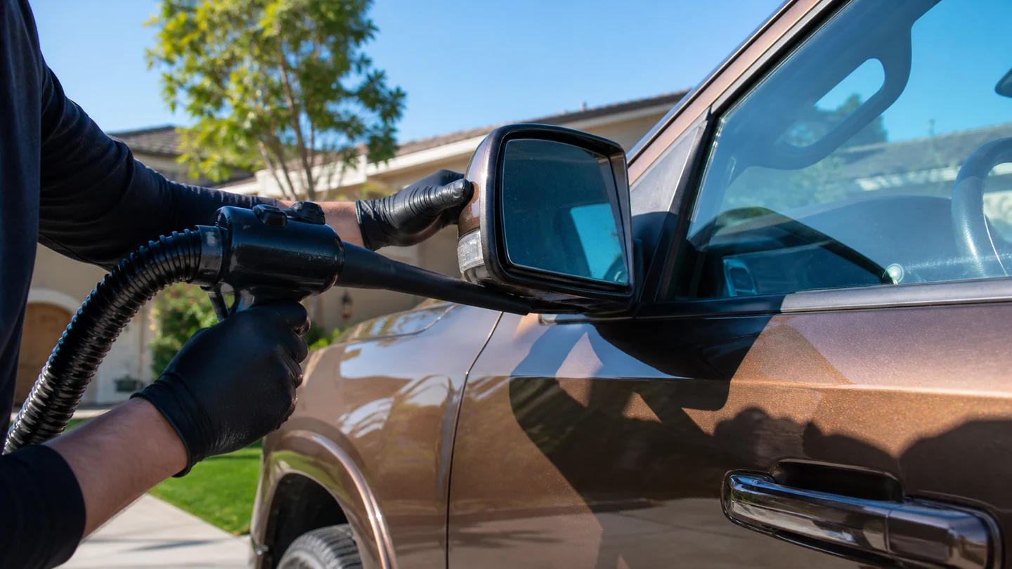 Outdoor mobile vehicle care in bright daylight