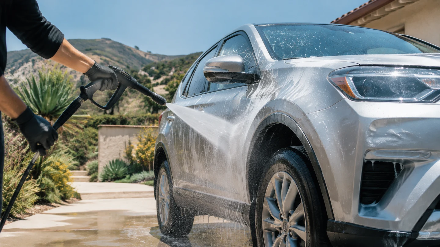 Outdoor mobile vehicle care in bright daylight