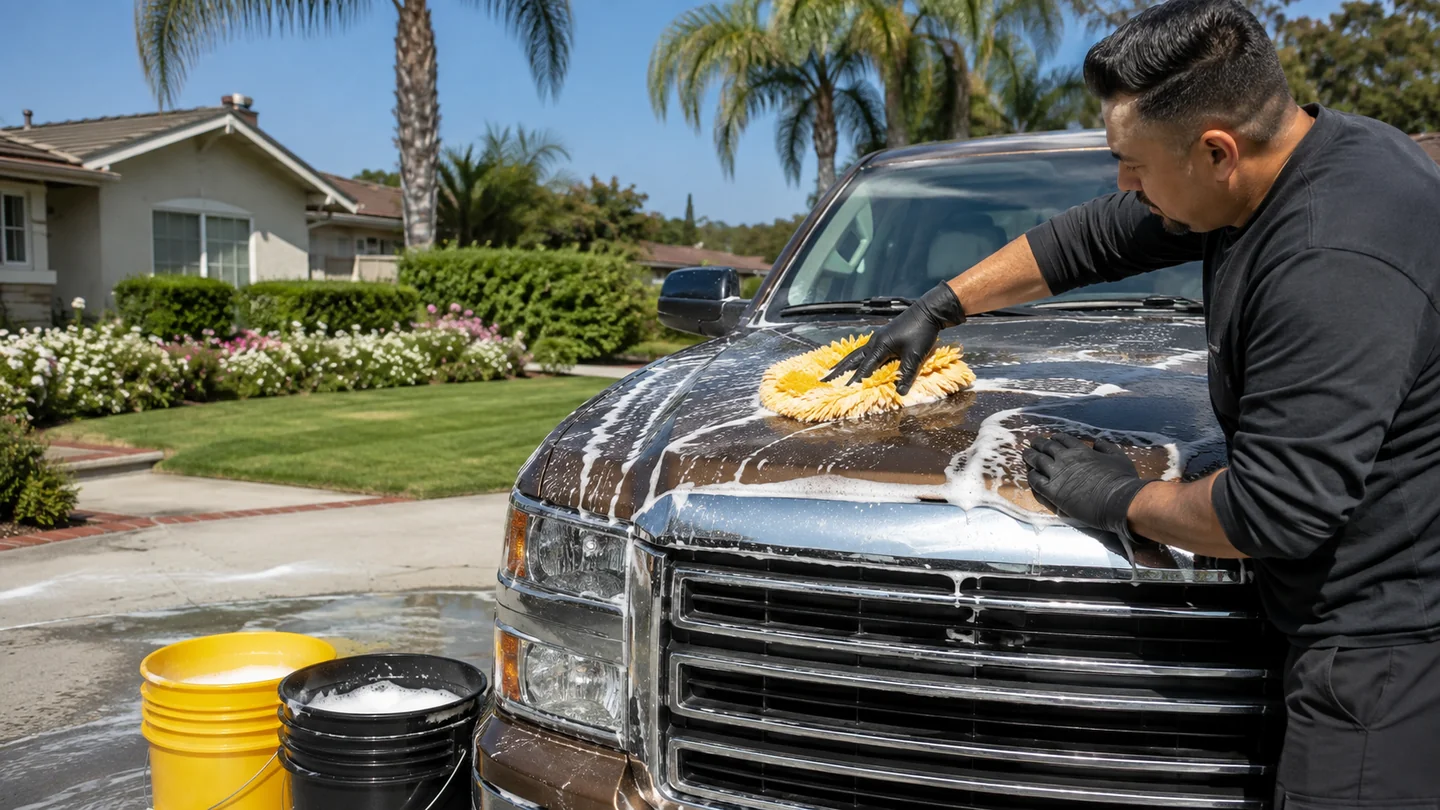 Outdoor mobile vehicle care in bright daylight