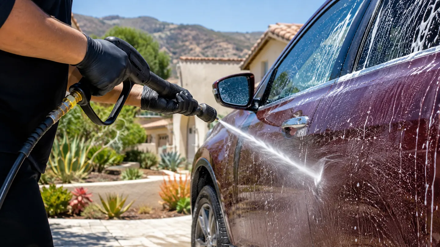 Outdoor mobile vehicle care in bright daylight