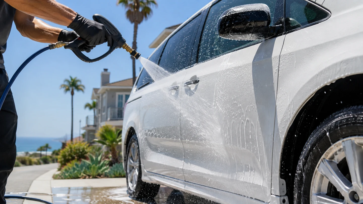 Outdoor mobile vehicle care in bright daylight