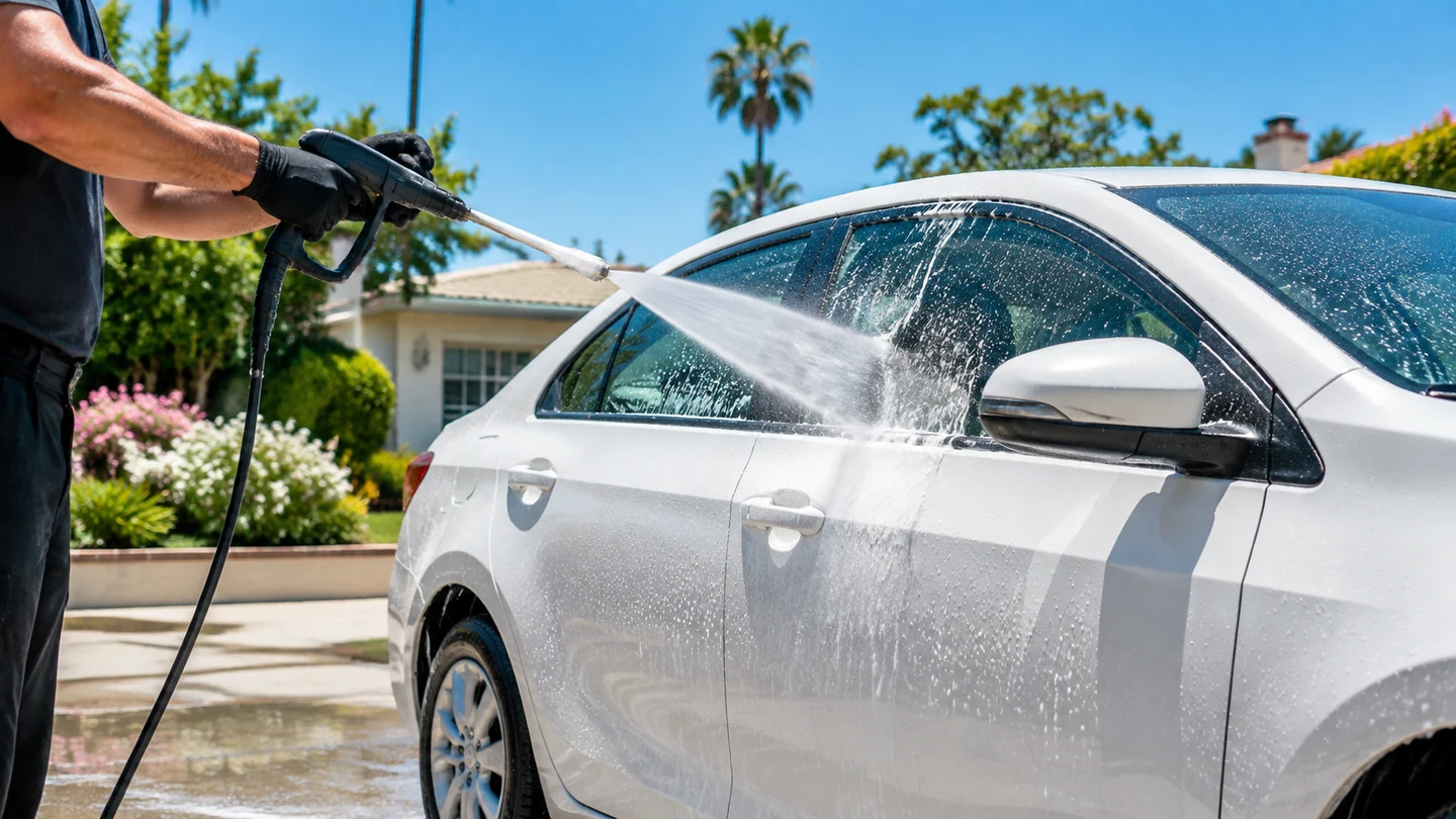 Outdoor mobile vehicle care in bright daylight