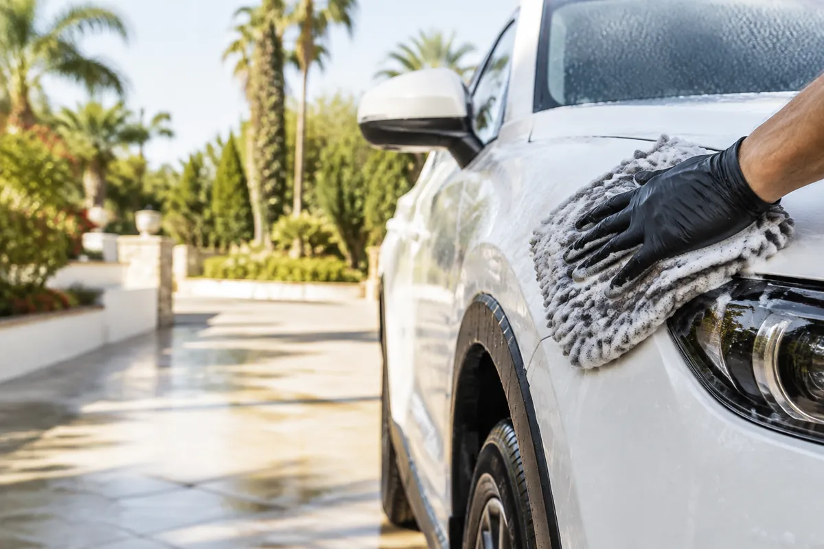 Hand washing a white SUV on a sunny Orange County driveway