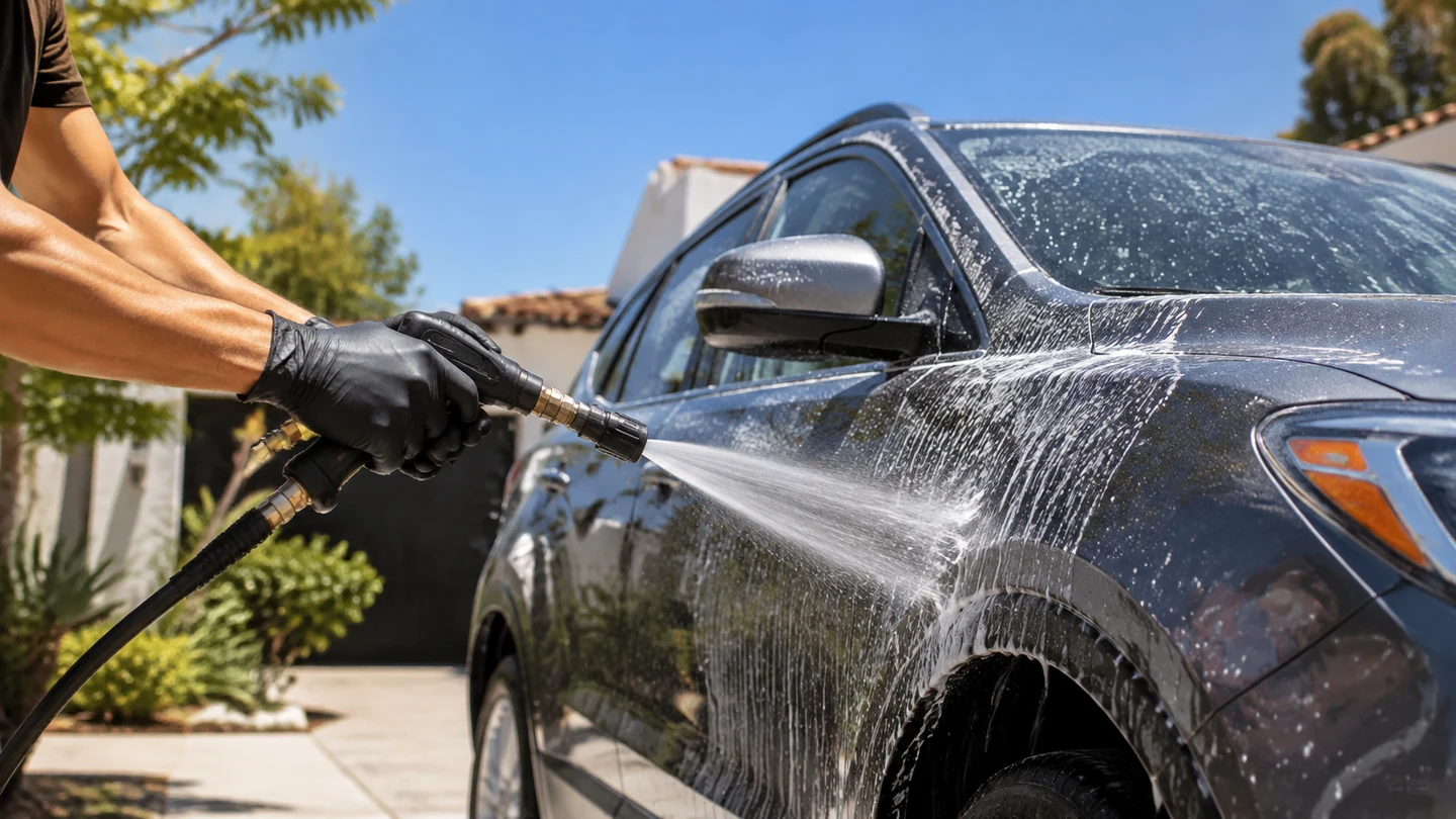 Outdoor mobile vehicle care in bright daylight