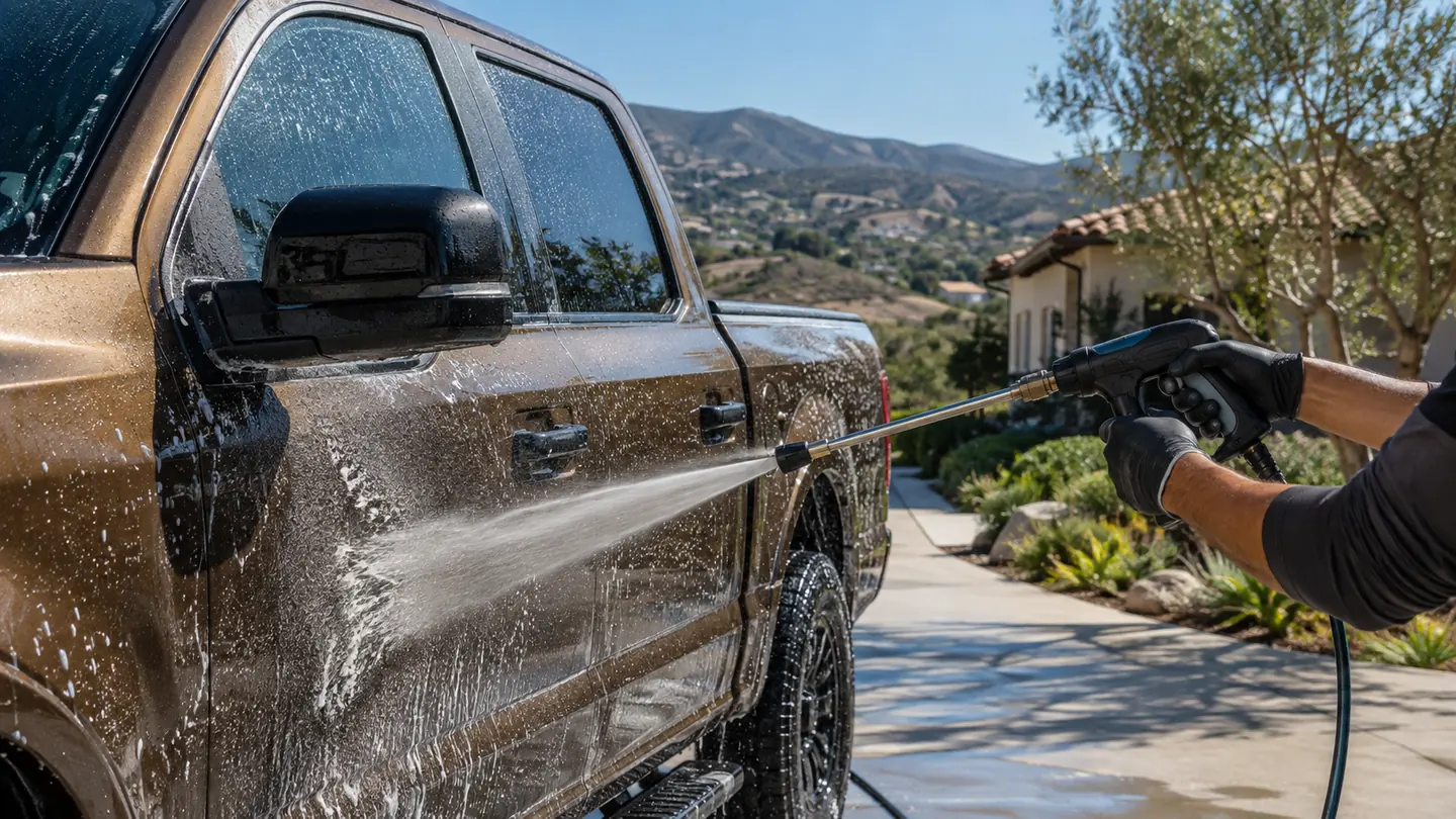 Outdoor mobile vehicle care in bright daylight
