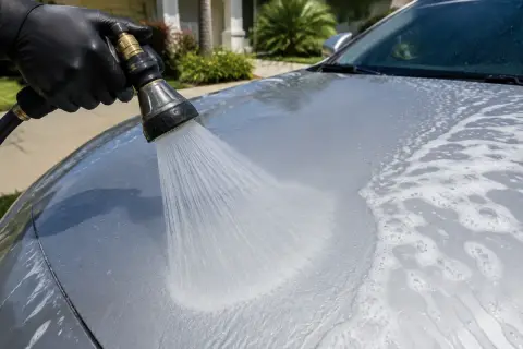 Water rinsing shampoo from a car exterior