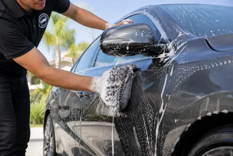 Hand washing a vehicle outdoors in daylight
