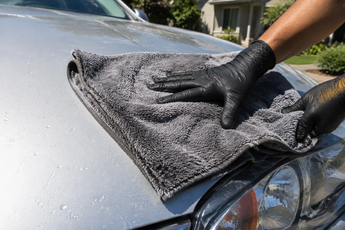 Close-up of vehicle care during outdoor mobile detailing