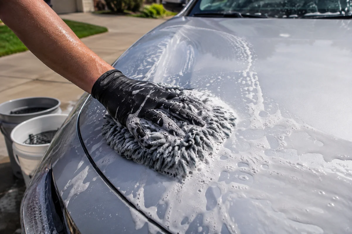 Gloved hand using a foamy microfiber wash mitt on a car panel
