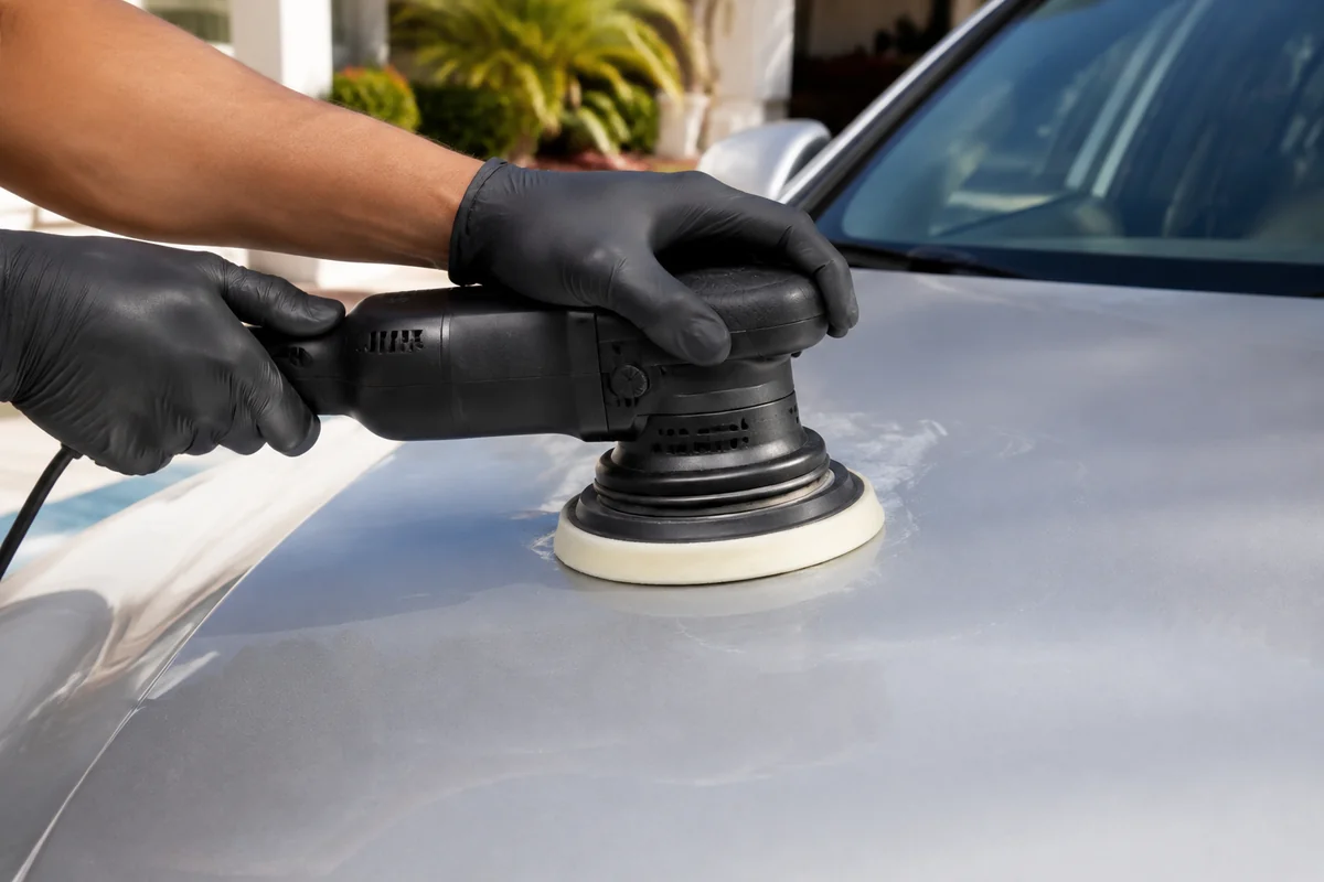 Close-up of vehicle care during outdoor mobile detailing