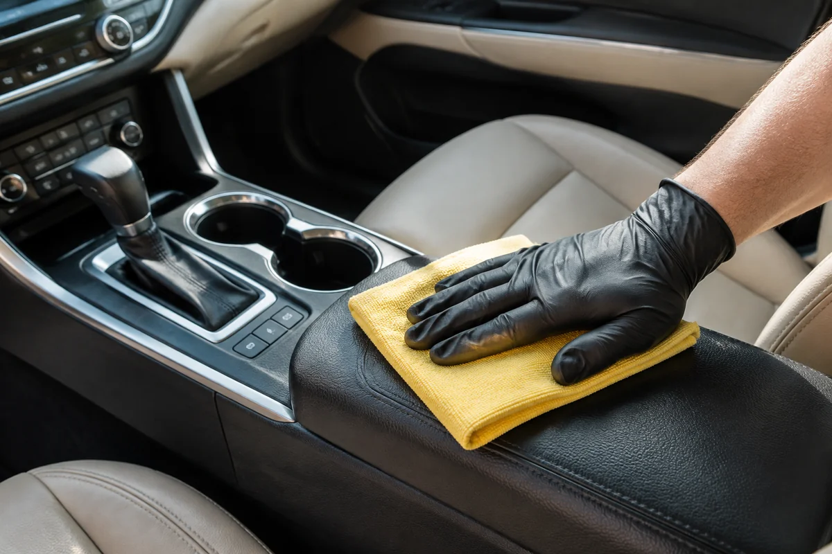 Hands wiping a vehicle interior during daylight mobile detailing